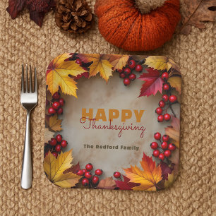 Crimson Golden Foliage Red Berries Thanksgiving  Paper Plate