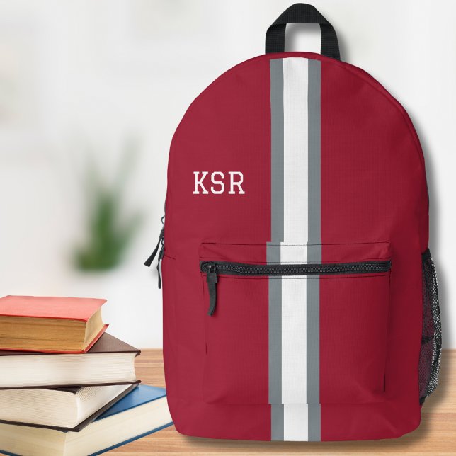 Crimson/Grey/White Stripe College Colours Monogram Printed Backpack (Creator Uploaded)
