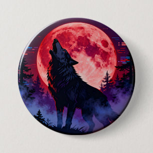 Crimson Howl: Cyberpunk Wolf Under Blood Moon  3 Inch Round Button