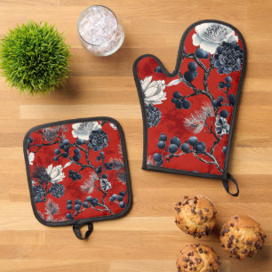 Crimson Indigo Chinoiserie Peony Magnolia Winter Oven Mitt & Pot Holder Set