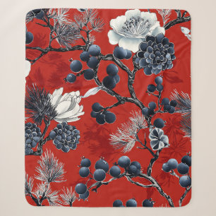 Crimson Indigo Chinoiserie Peony Magnolia Winter Sherpa Blanket