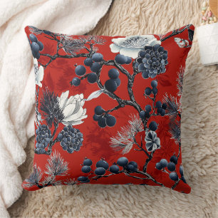 Crimson Indigo Chinoiserie Peony Magnolia Winter Throw Pillow
