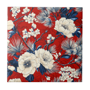 Crimson Indigo Peony Winter Floral Pattern Tile
