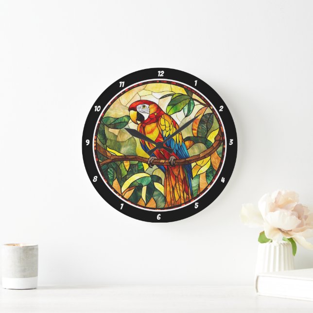 Crimson Jungle Time" - Stained Glass Red Parrot Large Clock (Home)