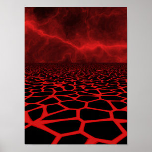 Crimson Lava Field Geometric Fractal Landscape Poster