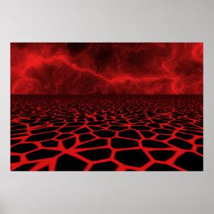 Crimson Lava Field Geometric Fractal Landscape Poster