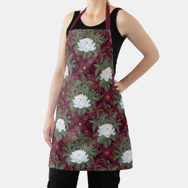 Crimson Lotus Elegance Pattern - The White Lotus Apron (Insitu)