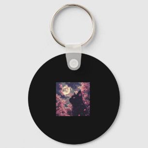 Crimson Moon and Black Cat in Sakura Dream  Keychain
