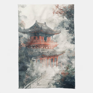 Crimson Mountain Pagoda Ink Wash (1) Kitchen Towel