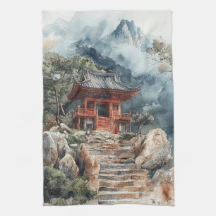 Crimson Mountain Pagoda Ink Wash (2) Kitchen Towel