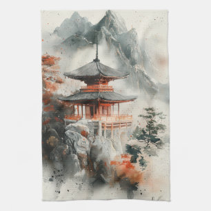 Crimson Mountain Pagoda Ink Wash (3) Kitchen Towel