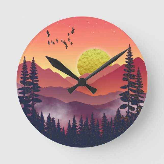 Crimson Mountains Landscape Round Clock (Front)