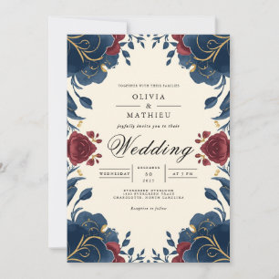 Crimson Navy Floral Arch Wedding Invitation