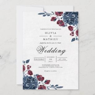 Crimson Navy Floral Archway Wedding Invitation
