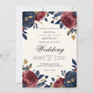 Crimson Navy Floral Flourish Wedding Invitation