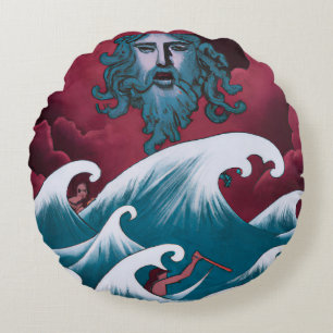 Crimson Neptune Oil Painting Round Pillow