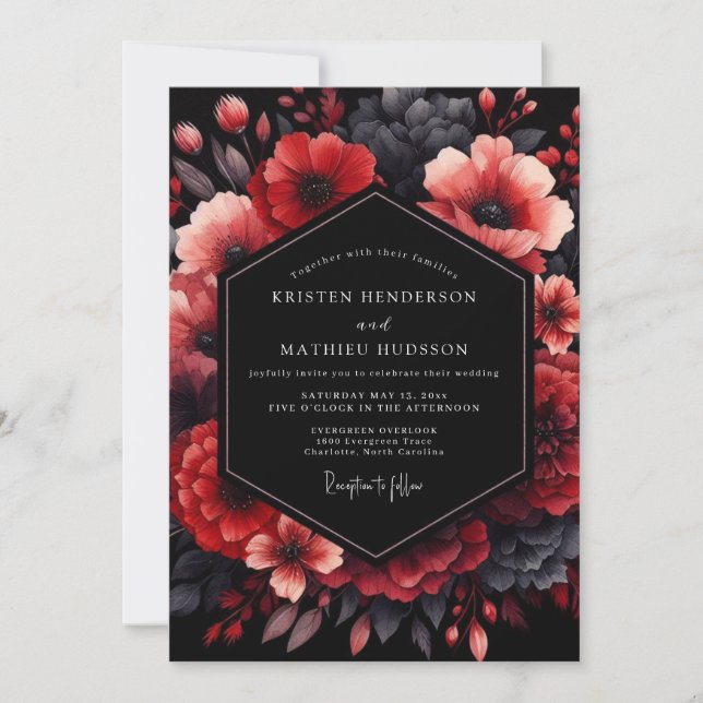 Crimson Nocturnal Bloom Wedding Invitation (Front)
