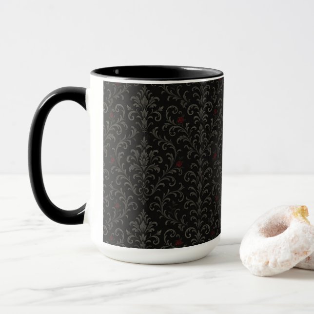 Crimson Nocturne Bloom Victorian  Mug (With Donut)