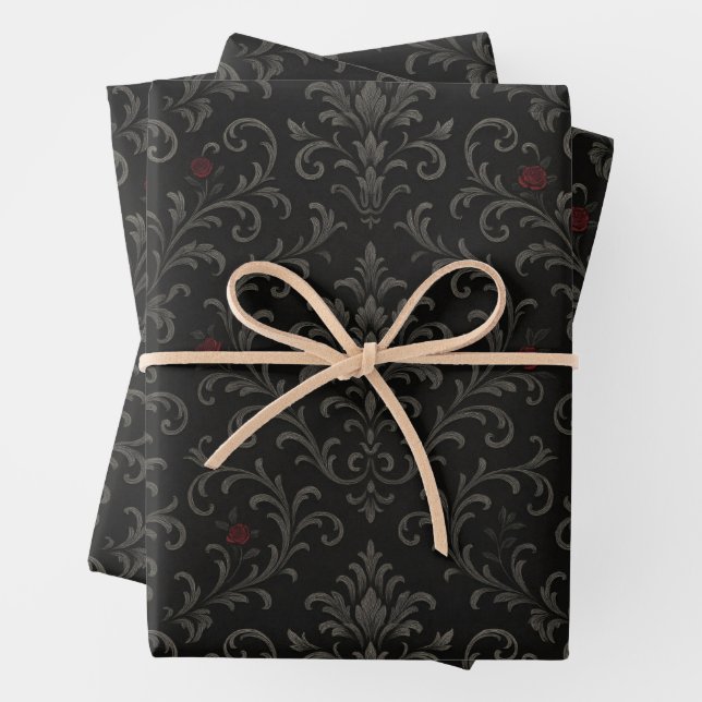 Crimson Nocturne Bloom Victorian  Wrapping Paper Sheet (In situ)