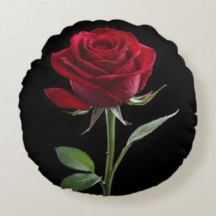 Crimson on Ebony: The Single Red Rose, Round Pillow