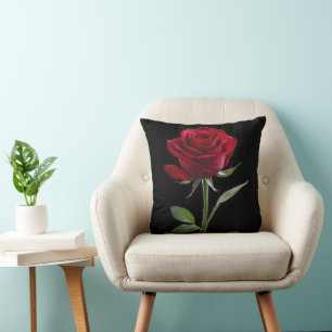 Crimson on Ebony: The Single Red Rose, Throw Pillow