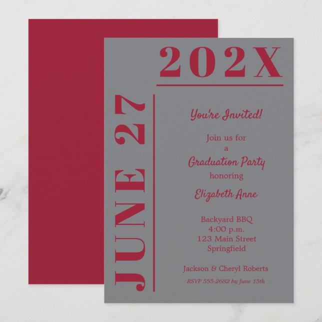 Crimson on Grey Graduation Party Invitation (Front/Back)