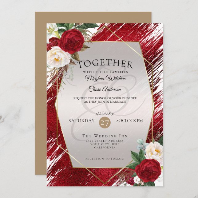 Crimson Paint Stroke Bold Red Floral Invitation (Front/Back)