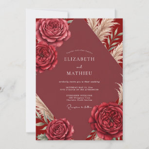 Crimson Pampas Palm Eucalyptus Wedding Invitation