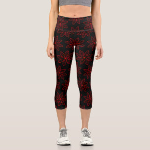 Crimson Pattern on Black Capri Leggings