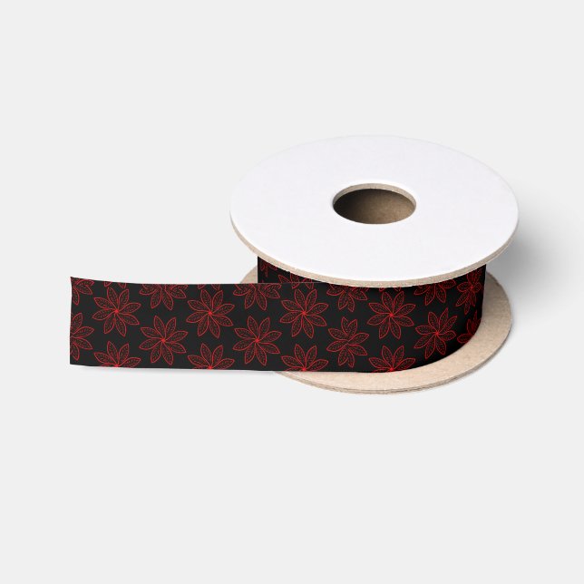 Crimson Pattern on Black  Satin Ribbon (Spool)
