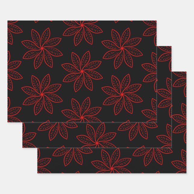 Crimson Pattern on Black  Wrapping Paper Sheet (Set)