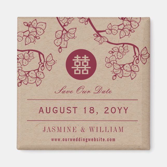Crimson Peach/Plum Blossoms Kraft Chinese Save The Magnet (Front)