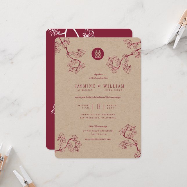Crimson Peach/Plum Blossoms Kraft Chinese Wedding Invitation (Front/Back In Situ)
