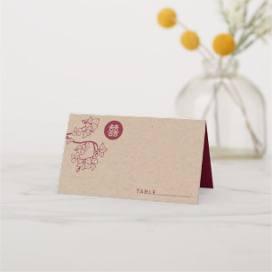 Crimson Peach/Plum Blossoms Kraft Chinese Wedding Place Card