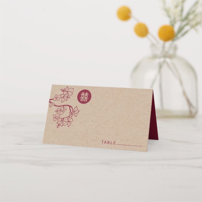 Crimson Peach/Plum Blossoms Kraft Chinese Wedding Place Card (Front)