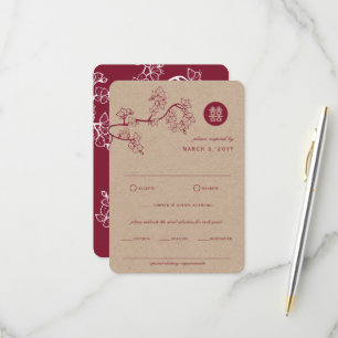Crimson Peach/Plum Blossoms Kraft Chinese Wedding RSVP Card