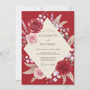 Crimson Peony Pampas Wedding Invitation