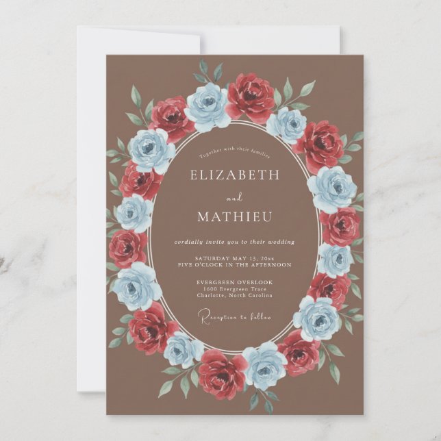Crimson Periwinkle Wreath Wedding Invitation (Front)