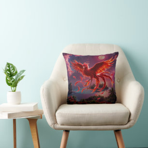 Crimson Phoenix of the Moonlit Tide.  Throw Pillow