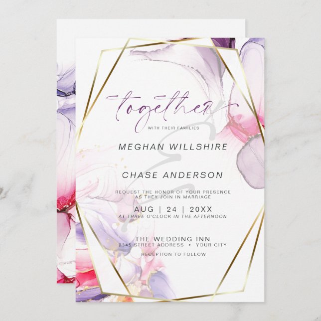 Crimson Pink Lilac Fluid Alcohol Ink Watercolor Invitation (Front/Back)