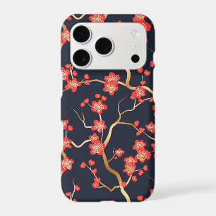 Crimson Plum Blossom Gold Bronze Navy Floral
