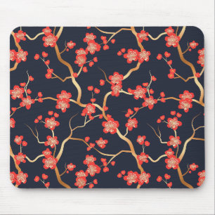 Crimson Plum Blossom Gold Bronze Navy Floral Mouse Pad