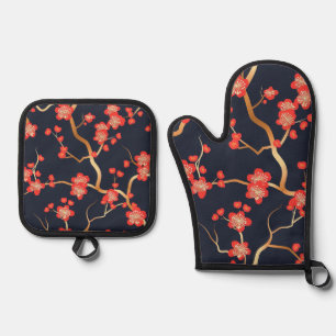 Crimson Plum Blossom Gold Bronze Navy Floral Oven Mitt & Pot Holder Set