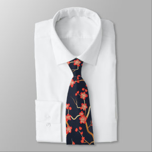 Crimson Plum Blossom Gold Bronze Navy Floral Tie