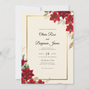 Crimson Poinsettia Gold Eucalyptus Wedding Invitation