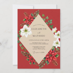 Crimson Poinsettia Winter Muted Eucalyptus Wedding Invitation