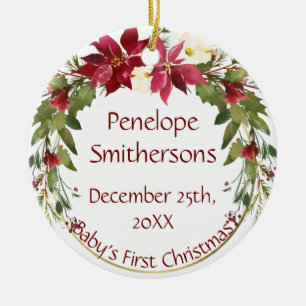 Crimson Poinsettia Wreath Baby's 1st Christmas Ceramic Ornament