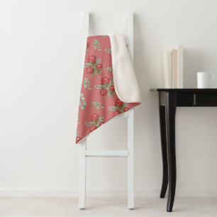 Crimson Protea Bouquet Watercolor Sherpa Blanket