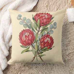 Crimson Protea Bouquet Watercolor Throw Pillow