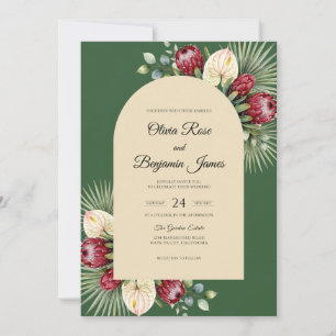 Crimson Protea Tropical Eucalyptus Wedding Invitation